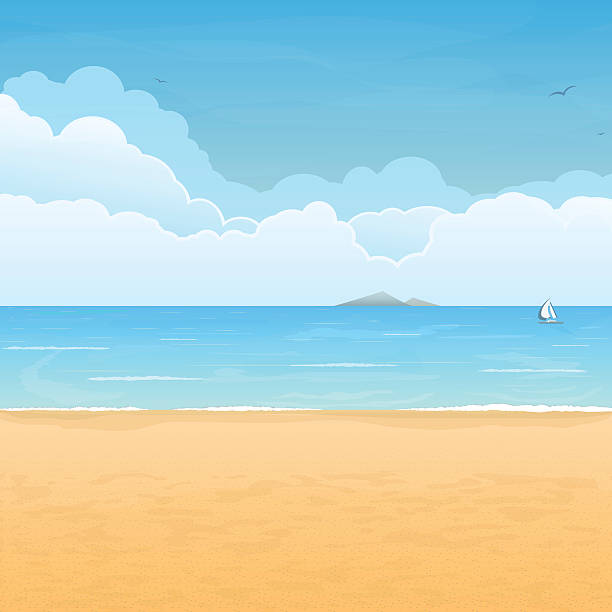 Tropical beach and clouds scene Tropical sand beach, boat in sea, mountain island on horizon and clouds on background tropical beach and clouds scene stock illustrations