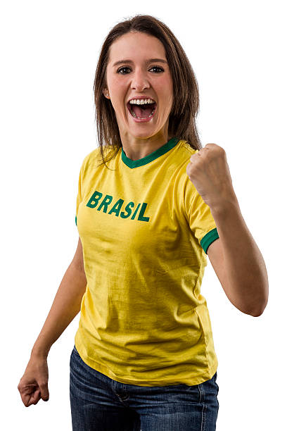 Female Brazilian fan celebrating Female brazilian fan celebrating on a white background. 2014 stock pictures, royalty-free photos & images