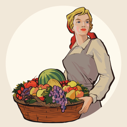 Young Soviet student girl holding a basket with a rich harvest of fruit and berries vector illustration