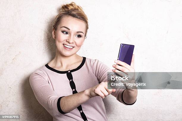 Businesswoman Texting Reading Sms On Smartphone Stock Photo - Download Image Now - Adult, Adults Only, Business