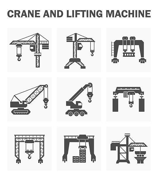 Crane icons Crane and lifting machine icons sets. gantry crane stock illustrations