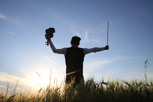 Happy young violinist with open arms and violin in his hands standing on the meadoe