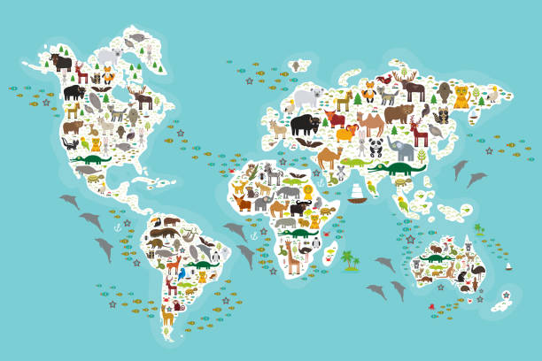 mapa świata dla dzieci i zwierząt z całego świata - gatunek zagrożony obrazy stock illustrations