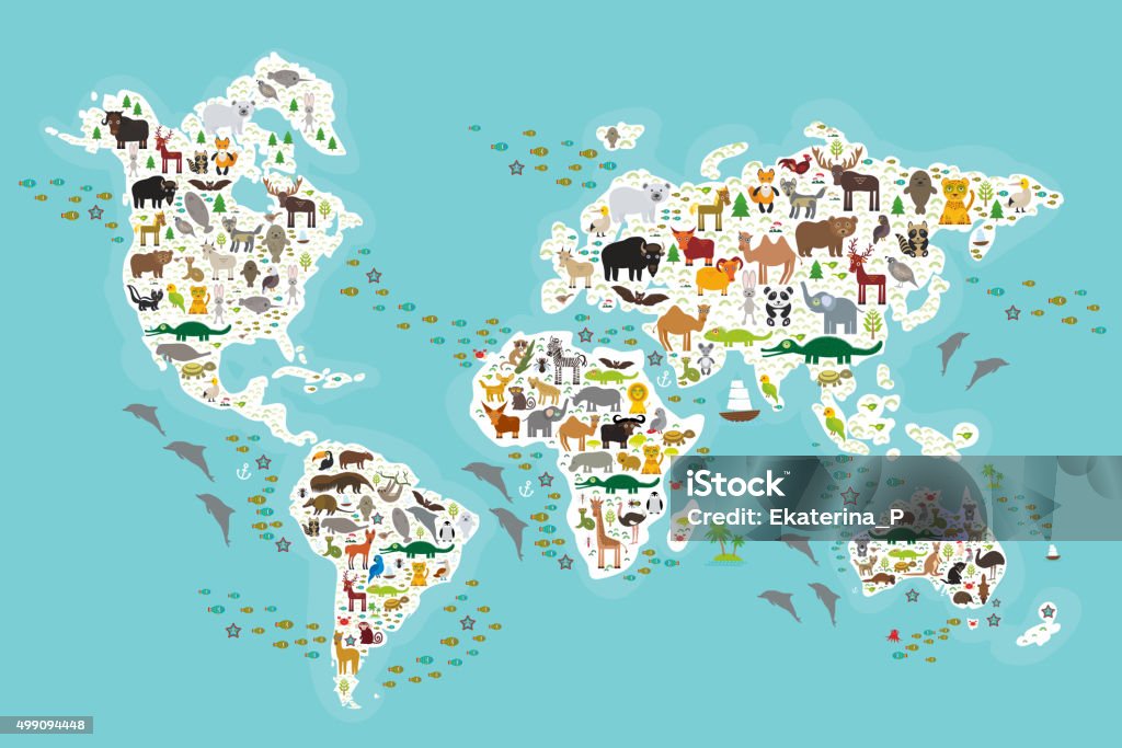 world map for children, Animals from all over the world Cartoon animal world map for children and kids, Animals from all over the world, white continents and islands on blue background of ocean and sea. Vector illustration World Map stock vector