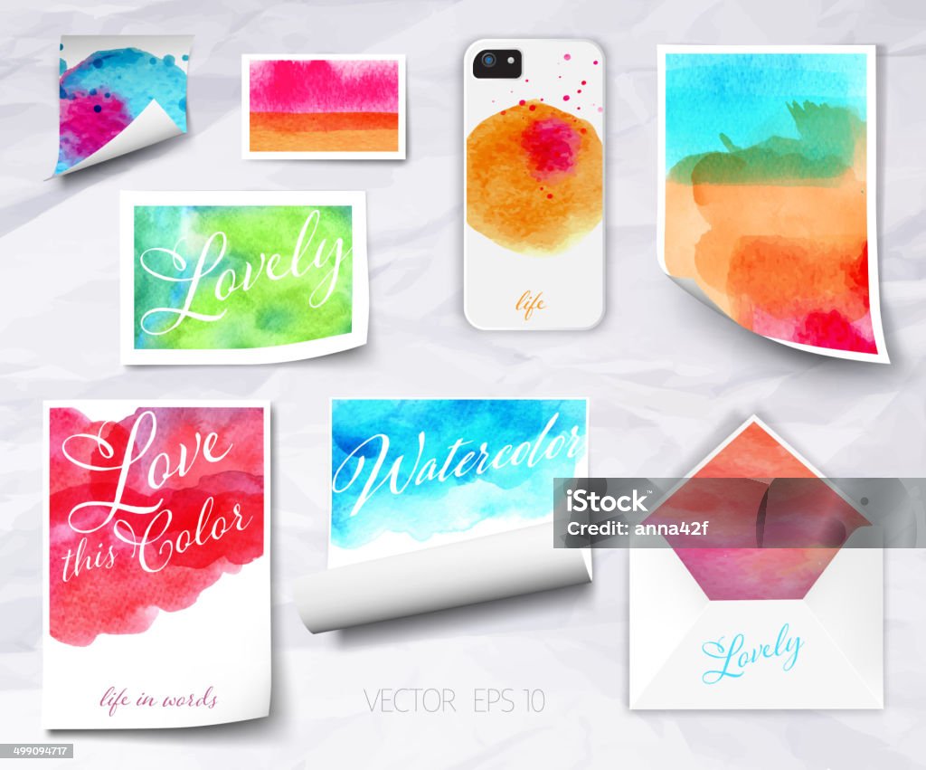 Vector sheets of paper wrapped template design watercolor Vector sheets of paper wrapped envelope cover from the phone corporate style template design with watercolor stained with lettering on background with crumpled paper. Badge stock vector