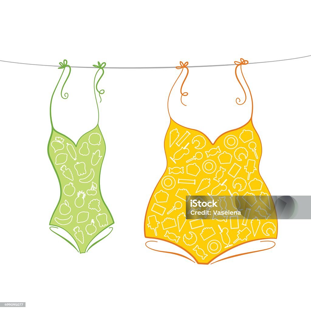 Thin and thick swimsuits Thin swimsuit with pattern of fruits and vegetables and thick swimsuit with pattern of sweets. Adipose Cell stock vector