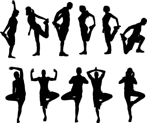 ilustraciones, imágenes clip art, dibujos animados e iconos de stock de vector silueta de un pueblo. - stretching exercising gym silhouette