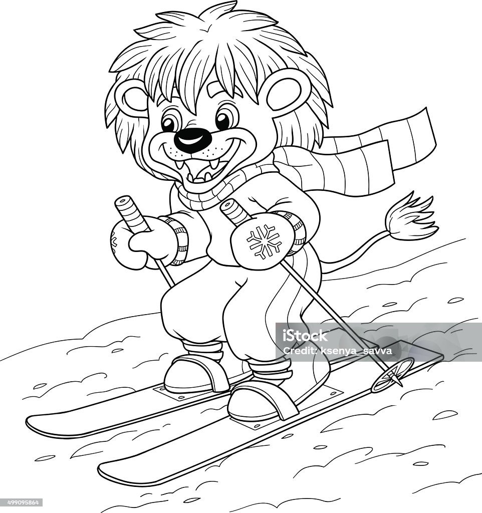 Coloring book for children: little lion skiing Coloring book for children, education game: little lion skiing Coloring Book Page - Illlustration Technique stock vector