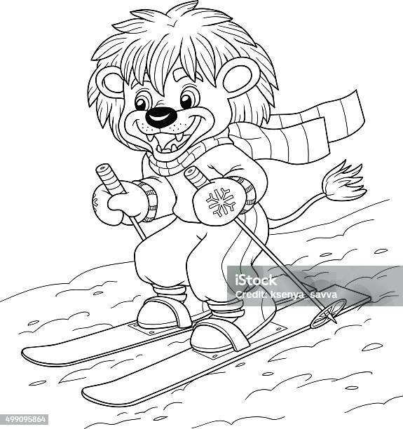 Coloring Book For Children Little Lion Skiing Stock Illustration - Download Image Now - Coloring Book Page - Illlustration Technique, Skiing, Winter