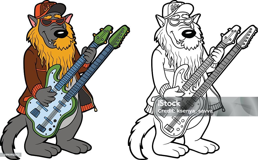 Coloring book for children: wolf and two-neck guitar Coloring book for children: music band (wolf and two-neck guitar) Heavy Metal stock vector