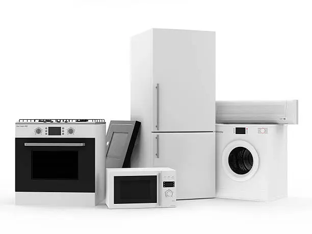 Group of home appliances. Refrigerator, Gas cooker, Microwave, Cooker hood, Air conditioner and Washing machine.