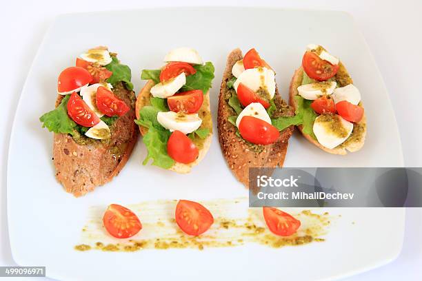 Tapas With Mozzarella And Cherry Tomatoes Stock Photo - Download Image Now - Appetizer, Bread, Breakfast