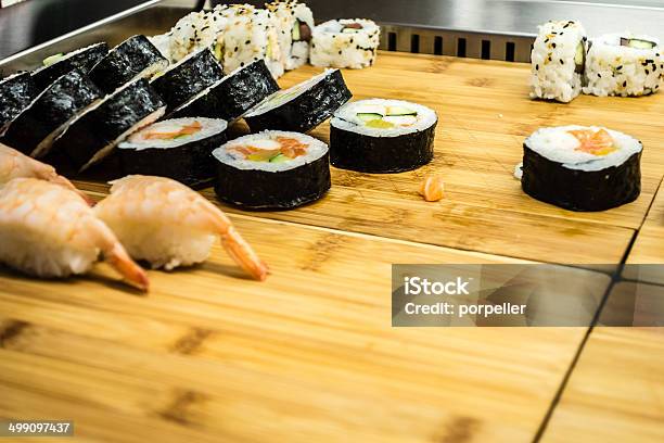 Sushi On Wooden Board Stock Photo - Download Image Now - Appetizer, Arrangement, Asia