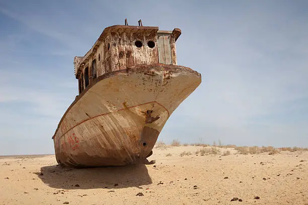Abandoned ship in Aral Desert, Moynaq, Karakalpakstan, Uzbekistan