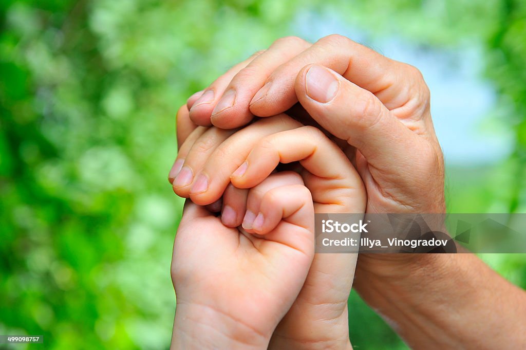 father's hand holds a palm of his wife and daughter Adult Stock Photo