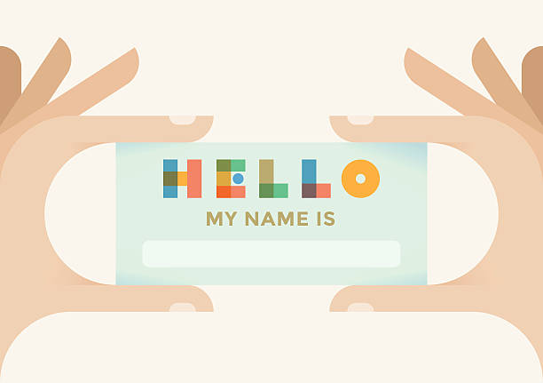 Hand holding designed card Hello, my name is Hand holding designed card Hello, my name is greeting stock illustrations