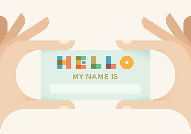 Hand holding designed card Hello, my name is Hand holding designed card Hello, my name is welcomed stock illustrations