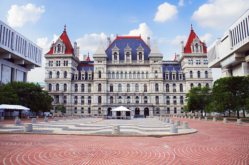 Albany, New York, USA - July 14, 2022:  New York state capital government building exterior in downtown Albany USA