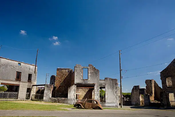 Panoramic of the french village of Oradour-sur-Glane. On 10 June 1944, was destroyed and its population was massacred by nazi soldiers. The ruins of village have been preserved as reminder of the barbarity. 