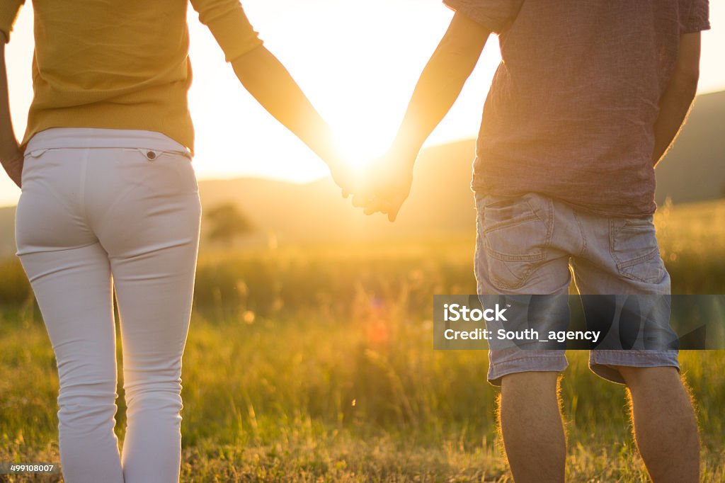 Young couple in love Young couple in love walking in the autumn park holding hands looking in the sunset Activity Stock Photo