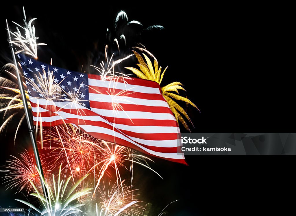 American Flag Infront Of Fireworks Abstract Stock Photo