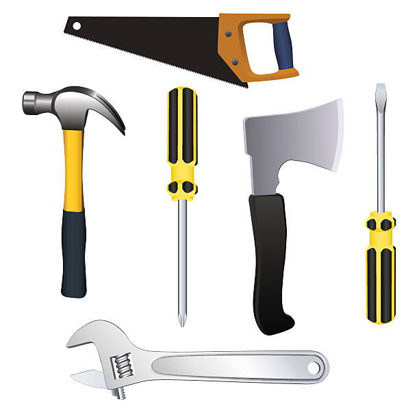 illustrations, cliparts, dessins animés et icônes de clé, tournevis, piolet, marteau, scie ensemble. - adjustable wrench wrench clipping path red