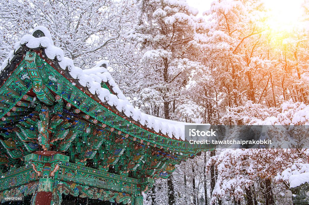 Landscape in Winter with Roof of gyeongbokgung and falling snow Landscape in Winter with Roof of gyeongbokgung and falling snow in Seoul,South Korea. Winter Stock Photo