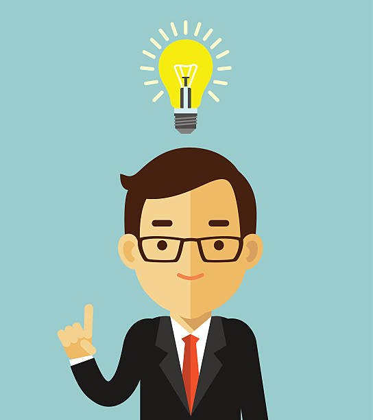 Big idea concept with man and lightbulb Symbol of having an idea with businessman pointing at light bulb big idea stock illustrations