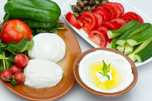 Lebanese food of Labneh Yogurt cheese and goat cheese with veggies