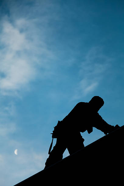 entrepreneur en silhouette travaillant sur le toit - home improvement hammer work tool nail photos et images de collection