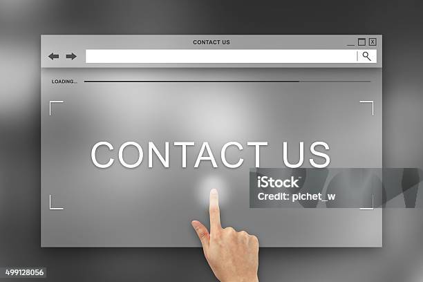 Hand Press On Contact Us Button On Website Stock Photo - Download Image Now - 2015, Advice, Business