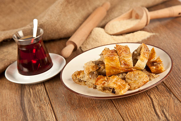 Turkish style meat stuffed filo dough borek served kol boregi stock photo