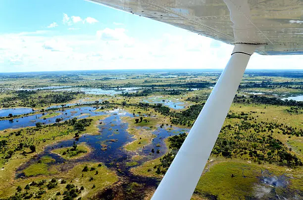 the view from an aircraft flying over the Okavango delta in africa