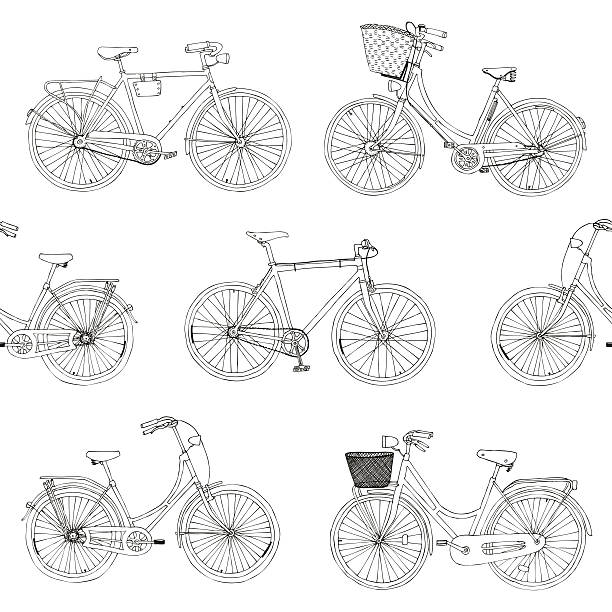 hand drawn vector nahtlose muster mit stadt fahrräder - fahrradkorb stock-grafiken, -clipart, -cartoons und -symbole