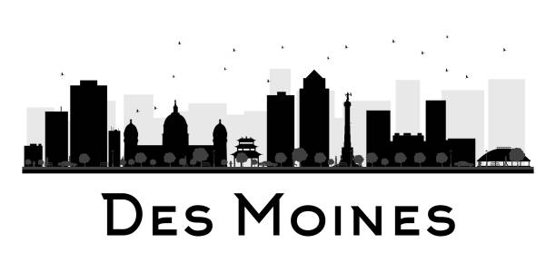 Des Moines City skyline black and white silhouette Des Moines City skyline black and white silhouette. Vector illustration. Simple flat concept for tourism presentation, banner, placard or web site. Business travel concept. Cityscape with famous landmarks des moines silhouette stock illustrations