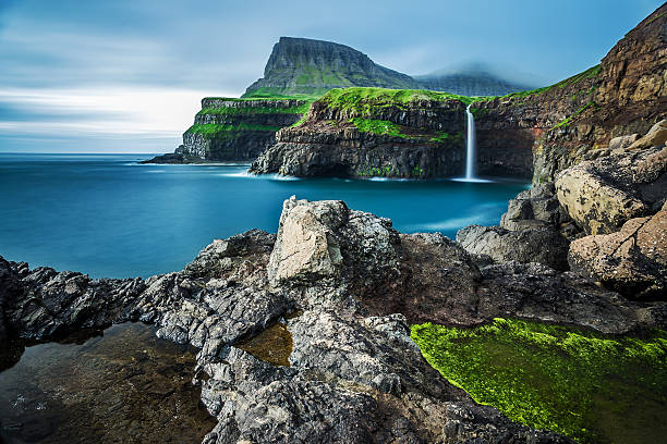 Gasadalur waterfall in Vagar, Faroe Islands Gasadalur waterfall in Vagar, Faroe Islands faroe islands photos stock pictures, royalty-free photos & images