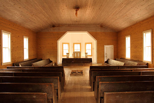 Church Interior Interior portion of the historic Cades Cove Missionary Baptist Church, Great Smokey Mountains National Park, Tennessee baptist stock pictures, royalty-free photos & images