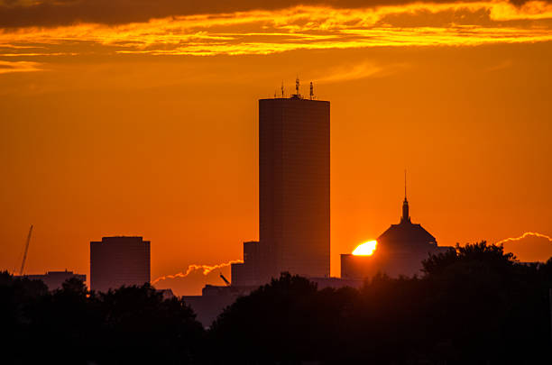 Boston skyline at sunset stock photo