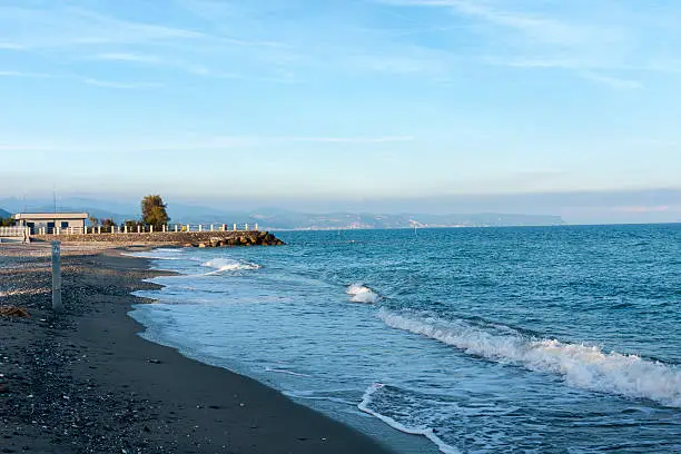 Beach in Albenga, Liguria, Italy.