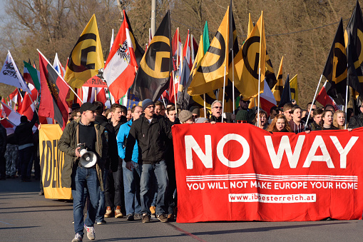 Spielfeld, Austria - November 28, 2015: International blockade by 1000 activists of the Austrian identitarian movement of the border crossing near Spielfeld.