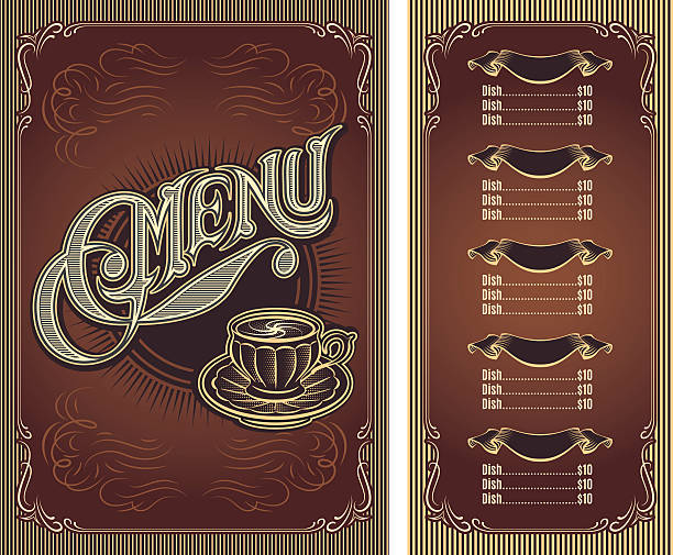 ilustraciones, imágenes clip art, dibujos animados e iconos de stock de plantilla de menú de restaurante para té y café caliente - chocolate book brown book cover
