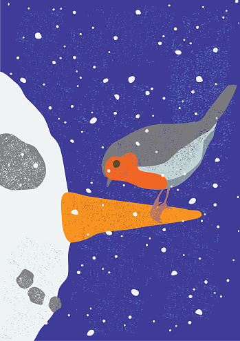 Festive scene with robin and snowman in hand crafted print style. EPS 10 file, cs3 version in the zip