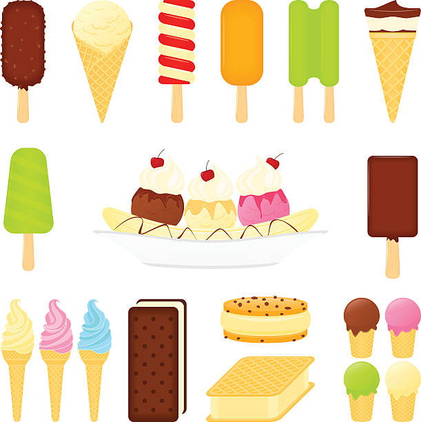 ilustraciones, imágenes clip art, dibujos animados e iconos de stock de helado de postres - banana split