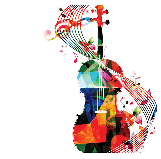 ilustraciones, imágenes clip art, dibujos animados e iconos de stock de violoncello con notas de la música colorido - musical instrument violin sheet music music