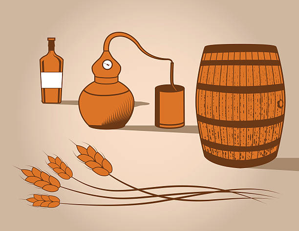 ilustraciones, imágenes clip art, dibujos animados e iconos de stock de whisky distilling elementos vectoriales - alambique