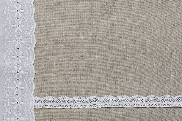 istock Natural linen texture with white lace and ribbon 499159878