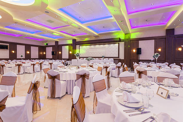 istock Wedding hall with colorful lights 499168997