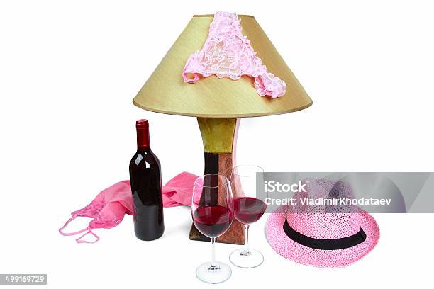 Panties On The Lamp Bottle Of Wine And Two Glasses Stock Photo - Download Image Now