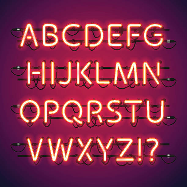 illustrazioni stock, clip art, cartoni animati e icone di tendenza di al neon bar alfabeto - red text