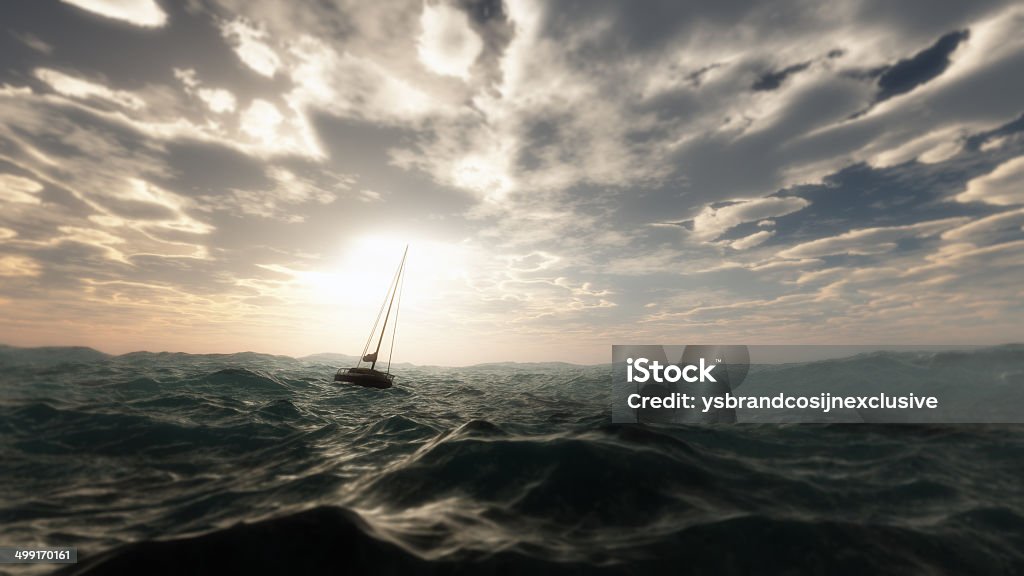 Lost sailing boat in wild stormy ocean. Cloudy sky. Storm Stock Photo